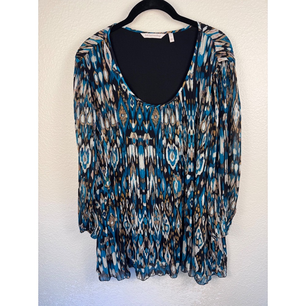 Soft Surroundings Tunic Top Women Large Boho Abstract Ikat Pleated Flowy
